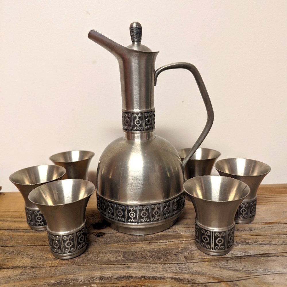 Haugrud Pewter Pitcher with Stopper and 6 Cups , Norway